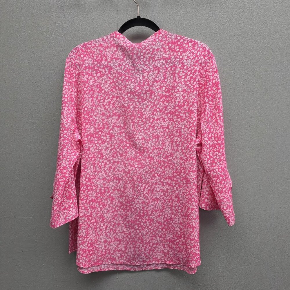 Gaharu Shirt Womens 2XL Pink Floral Split V Neck Bell Sleeve Flutter Blouse - Picture 5 of 12